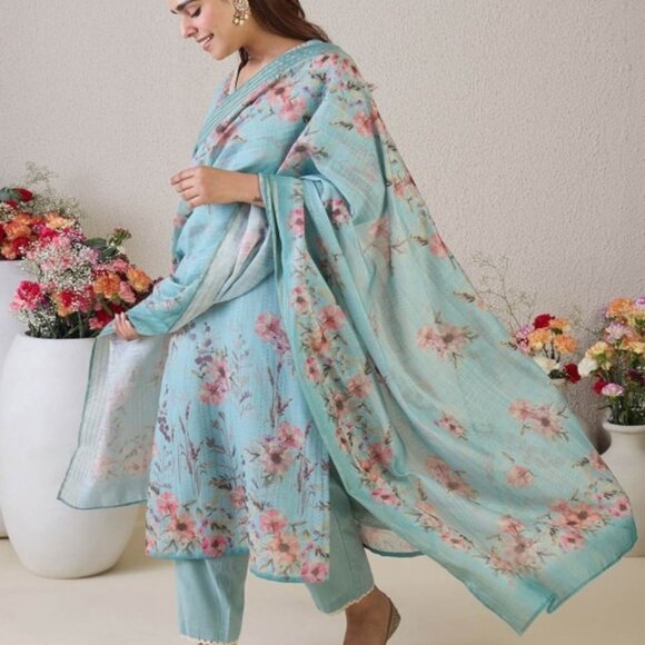 Sea Green Pink Coral Embroidered Kurta Set with Trousers & Dupatta - Picture 4 of 9